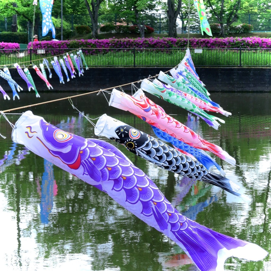 Koi nobori carp flags over the river at Tatebayashi