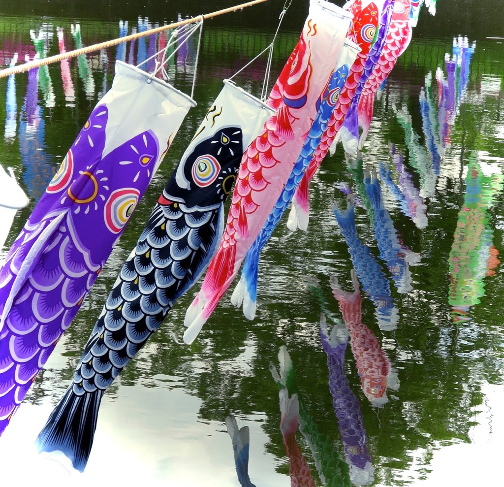 Koi nobori fish flags over the river at Tatebayashi