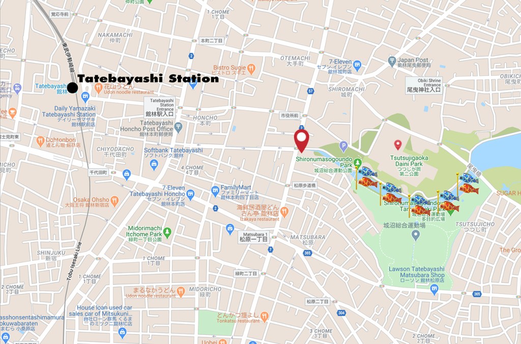 Map of route from Tatebayashi Station to where the koi nobori fish flags are