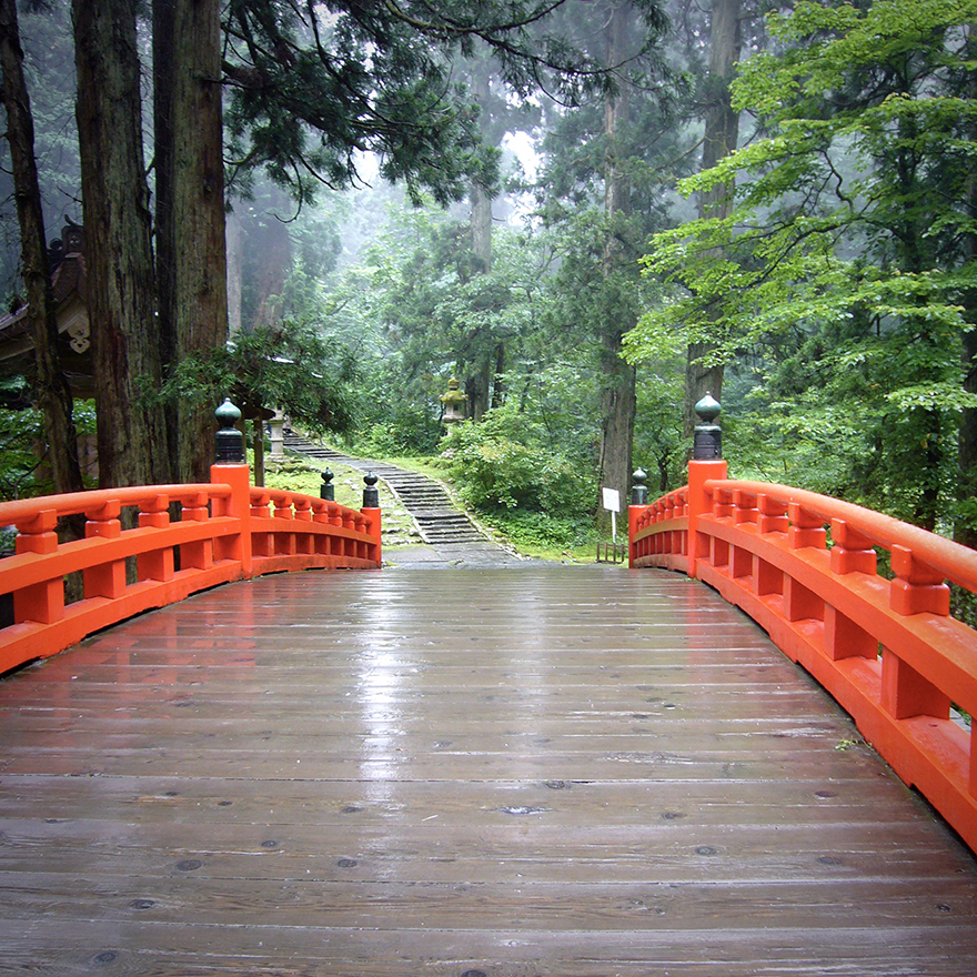 Red bridge on pilgrimage route at Haguro-san