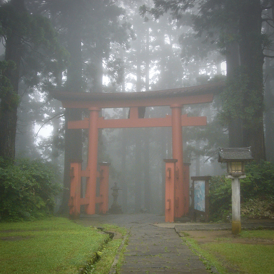 Torii gate in mist at Saikan shukubo at Haguro-san