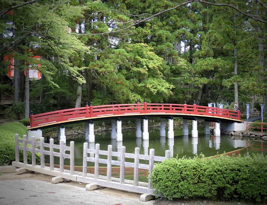 Red bridge on shopping street at Koya-san