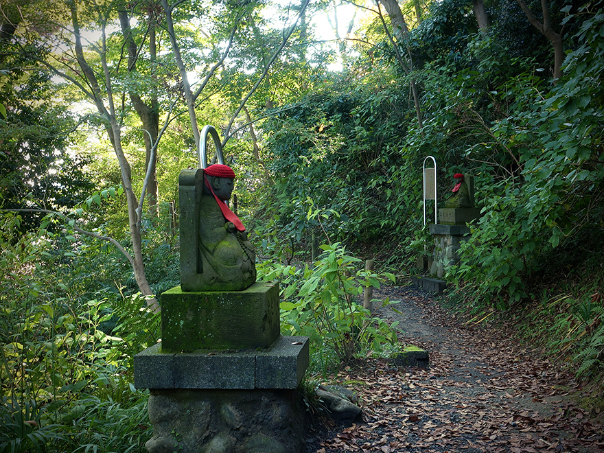 Jizo figures on pilgrimage hike at Takahata Fudo-san