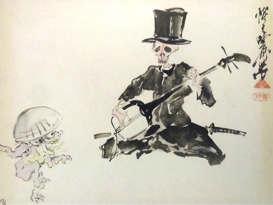 Kyosai painting of skeleton playing shamisen