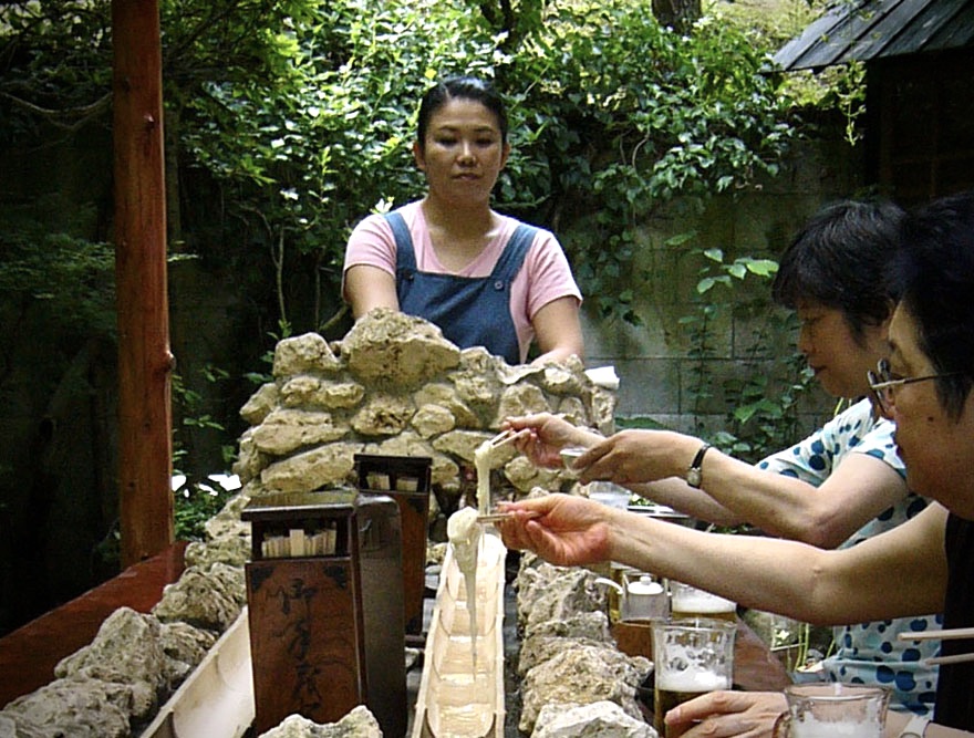 Catching nagashi somen noodles at Chaya Kado in Kamakura