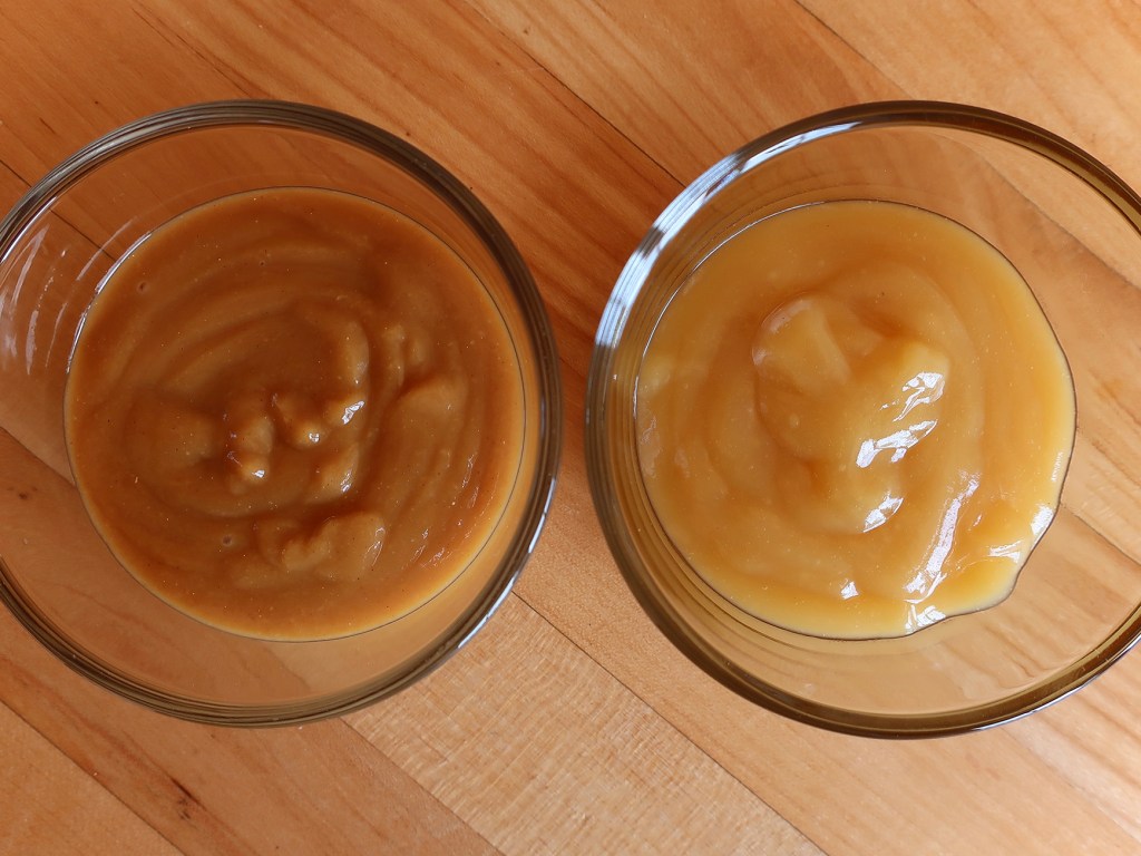 Two bowls of Dengaku miso sauce made with mixed red and white miso and white miso only