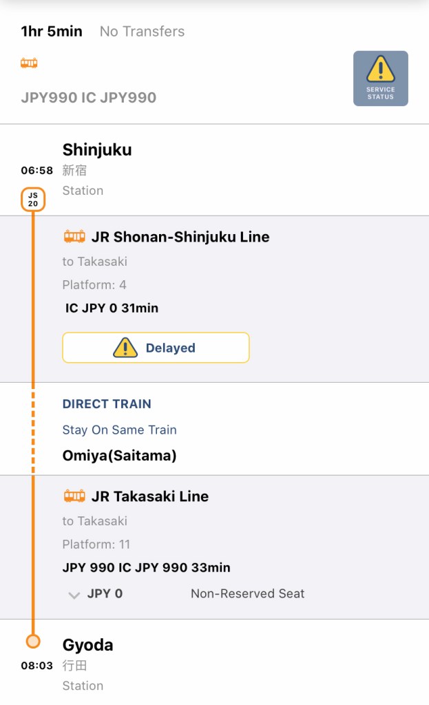 Train route from Shinjuku Station in Tokyo to Gyoda