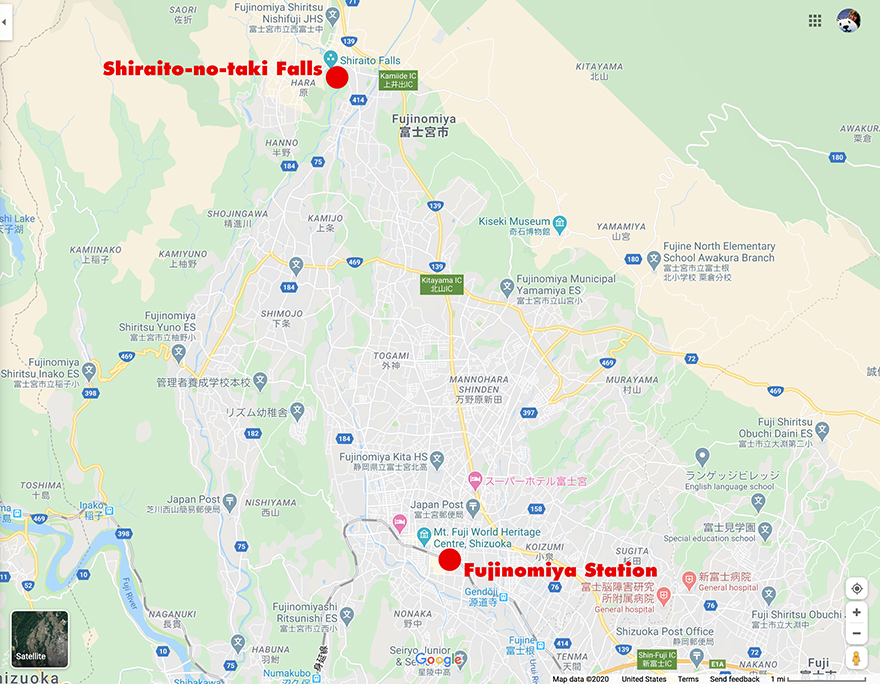 Shiraito-no-miya Waterfall local map from Fujinomiya Station