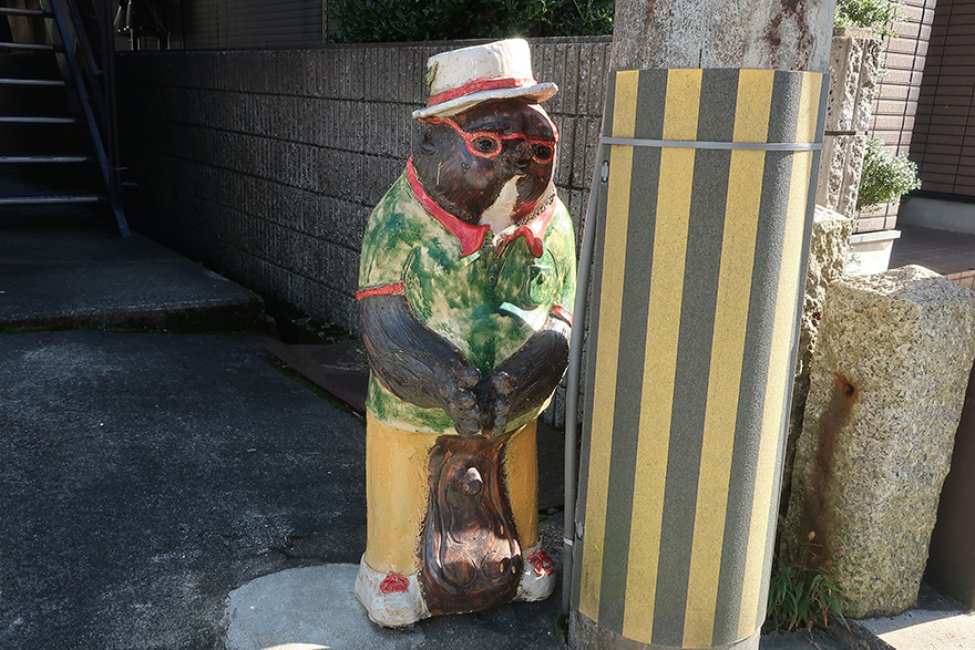 Artist-designed ceramic tanuki figure in Shigaraki