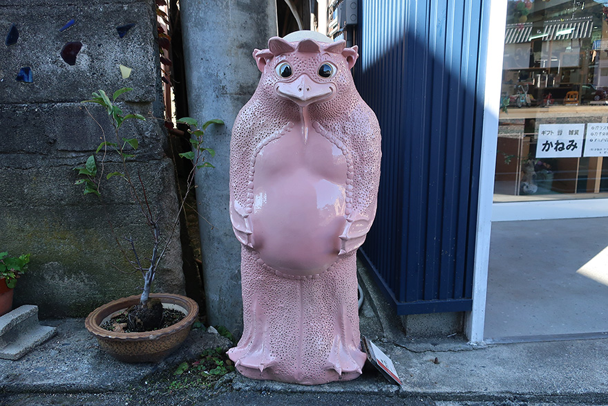 Artist-designed ceramic tanuki figure in Shigaraki