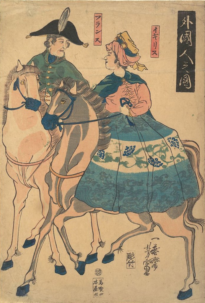 Woodblock print of foreigners on horseback