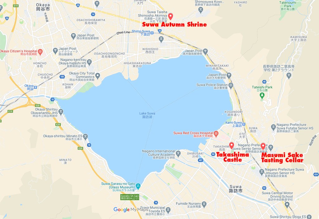 Map of Suwa City showing suwa Autumn Shrine, Takashima Castle, and the Masumi Sake Tasting Cellar
