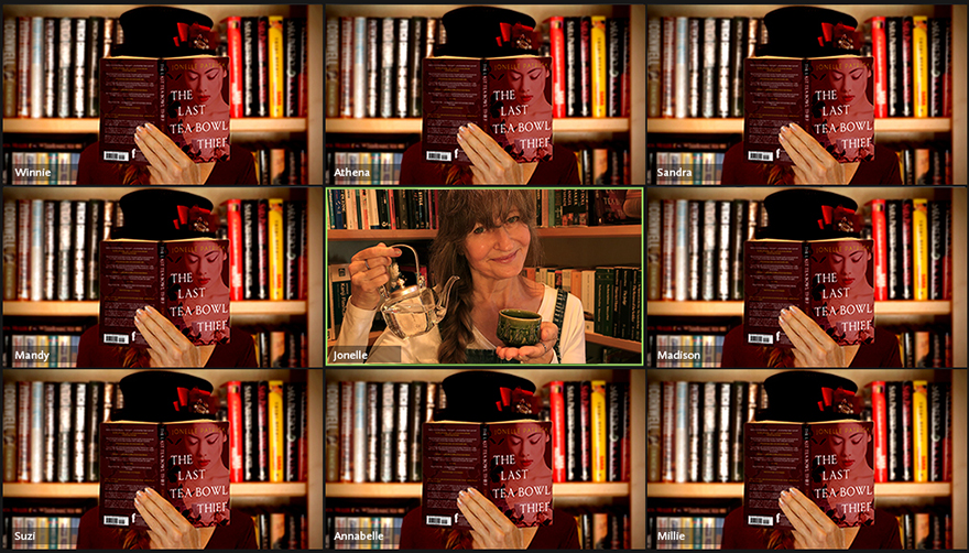 Zoom grid book group screen with Jonelle Patrick reading The Last Tea Bowl Thief