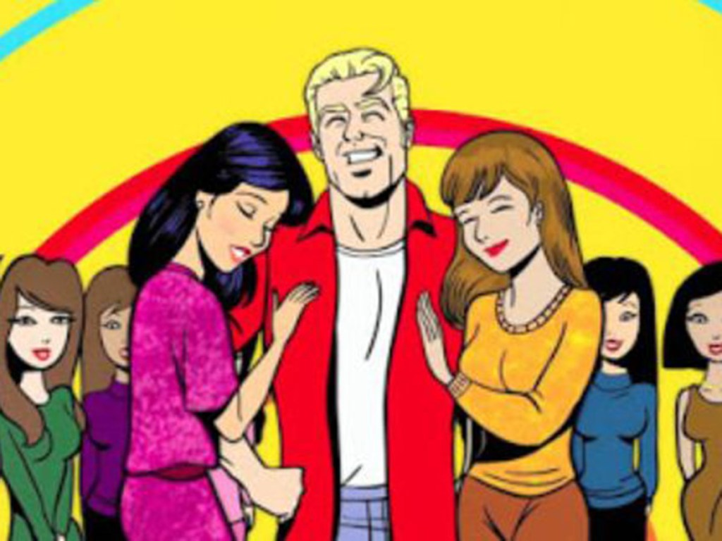 Illustration of western man with many Japanese girlfriends