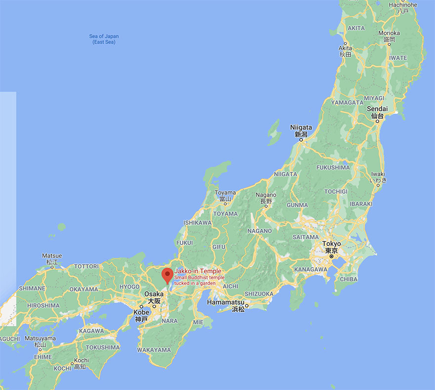 Map of Japan showing Jakko-in convent in Ohara, near Kyoto