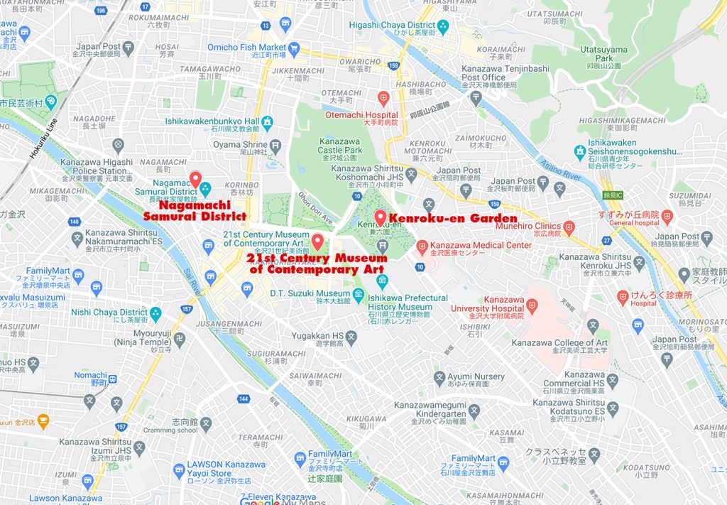 Kanazawa city map showing locations