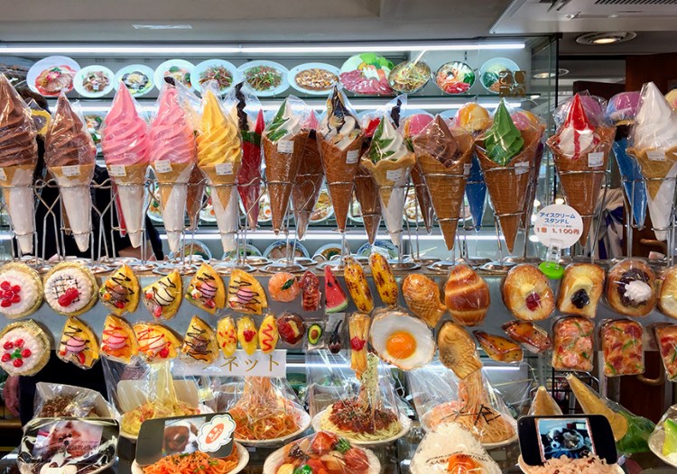 Photo of plastic food models for sale on Kappabashi street in Tokyo