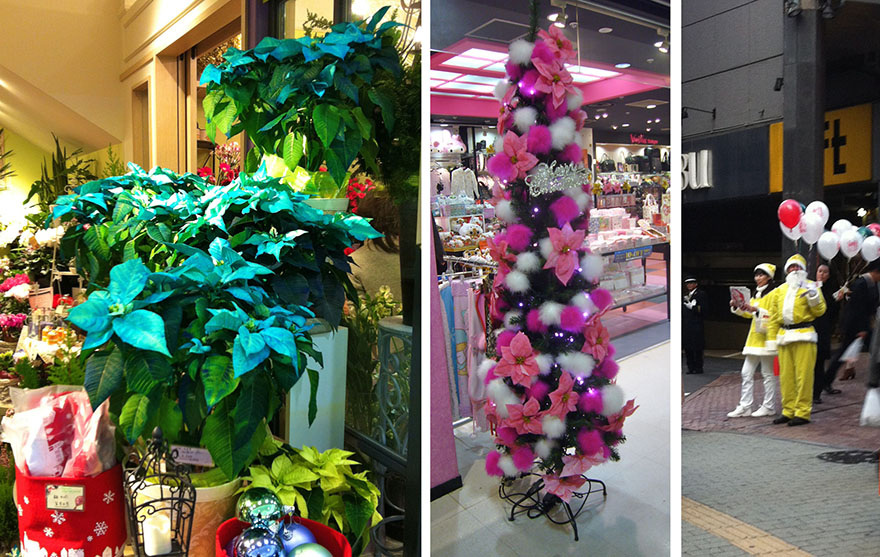 Blue poinsettias, pink fur ball Christmas tree, Santa and helper dressed in yellow costumes