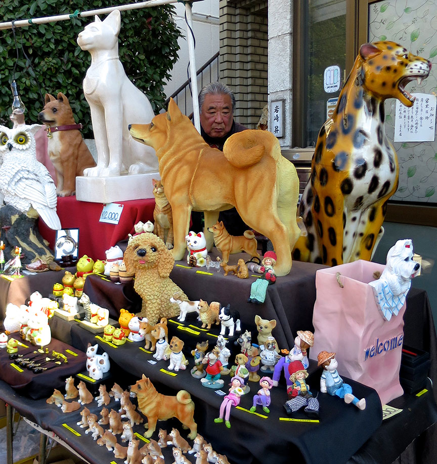 Pet replica statues being sold at the Setagaya Boroichi flea market in Tokyo