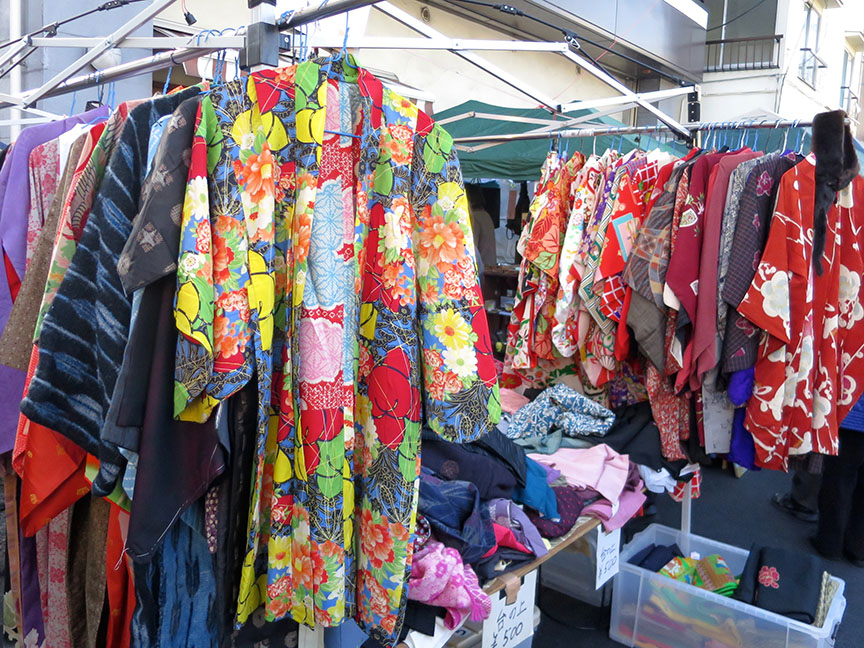 Secondhand vintage kimono being sold at the Setagaya Boroichi flea market in Tokyo