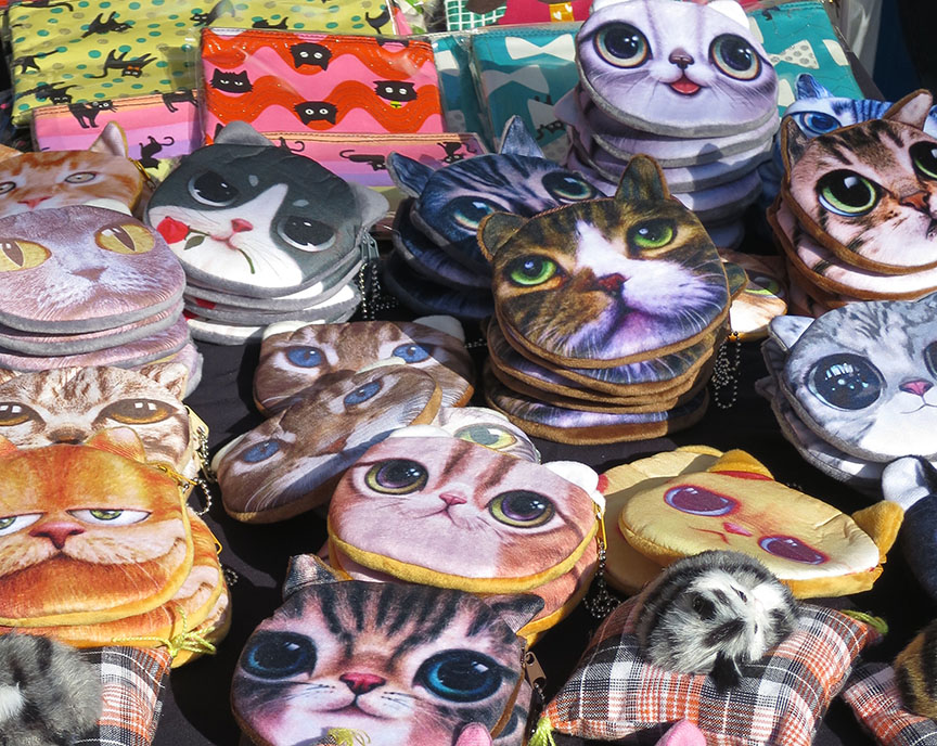 Cat face coin purses being sold at the Setagaya Boroichi flea market in Tokyo