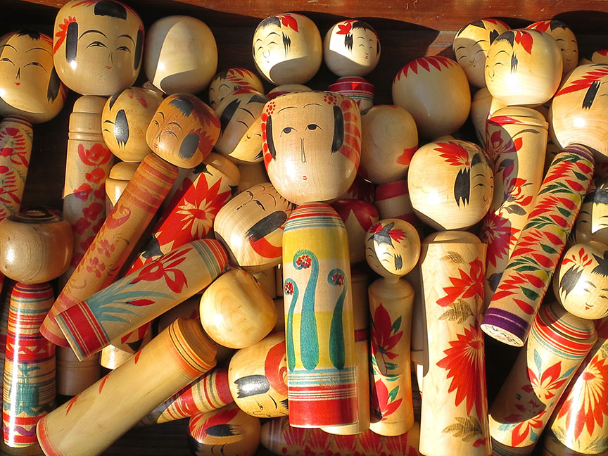 Kokeshi dolls being sold at the Setagaya Boroichi flea market in Tokyo