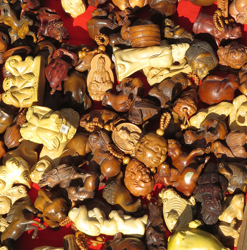 Netsuke replicas being sold at the Setagaya Boroichi flea market in Tokyo