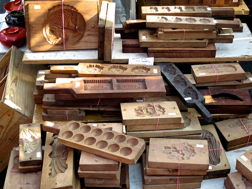 Wooden Japanese sweets molds being sold at the Setagaya Boroichi flea market in Tokyo