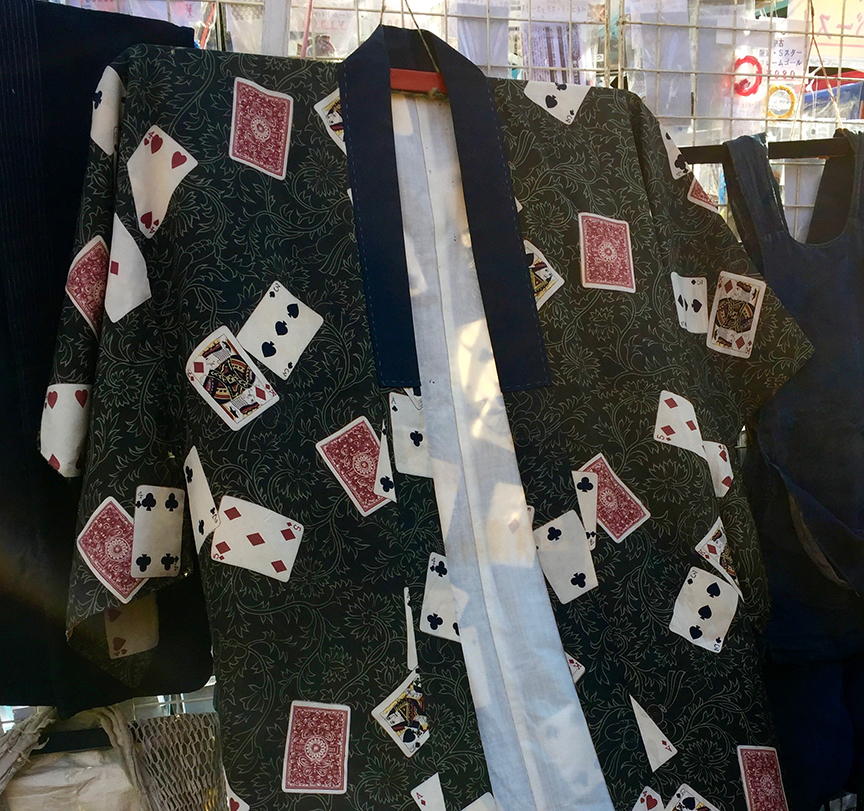 Vintage kimono with card pattern being sold at the Setagaya Boroichi flea market in Tokyo