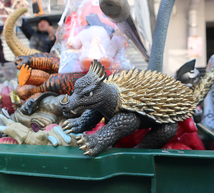 Godzilla monster toys being sold at the Setagaya Boroichi flea market in Tokyo