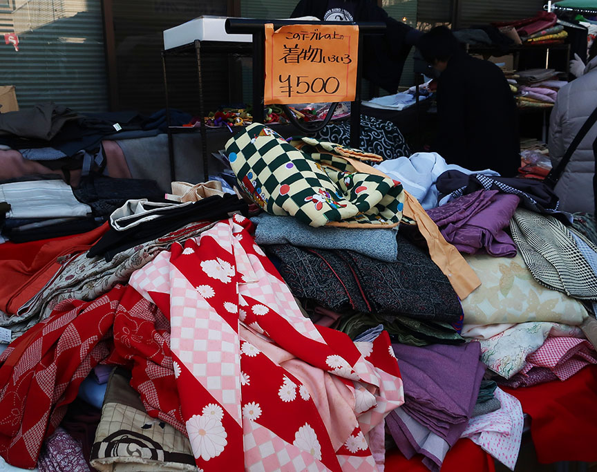 Secondhand kimono being sold at the Setagaya Boroichi flea market in Tokyo