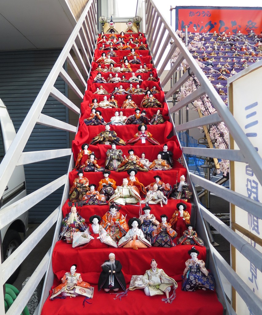 Katsuura Doll Festival hina matsuri thousands of dolls on the steps of a private staircase
