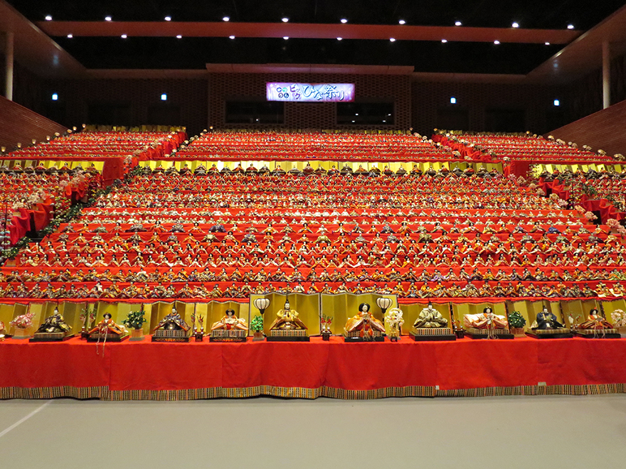 Katsuura Doll Festival hina matsuri thousands of dolls in the gymnasium bleachers