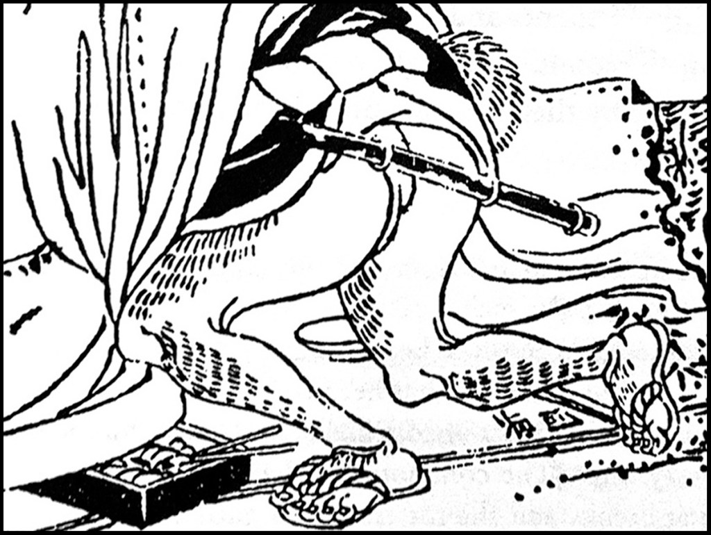 Hair restoration specialist barber in Yoshiwara detail of woodblock print