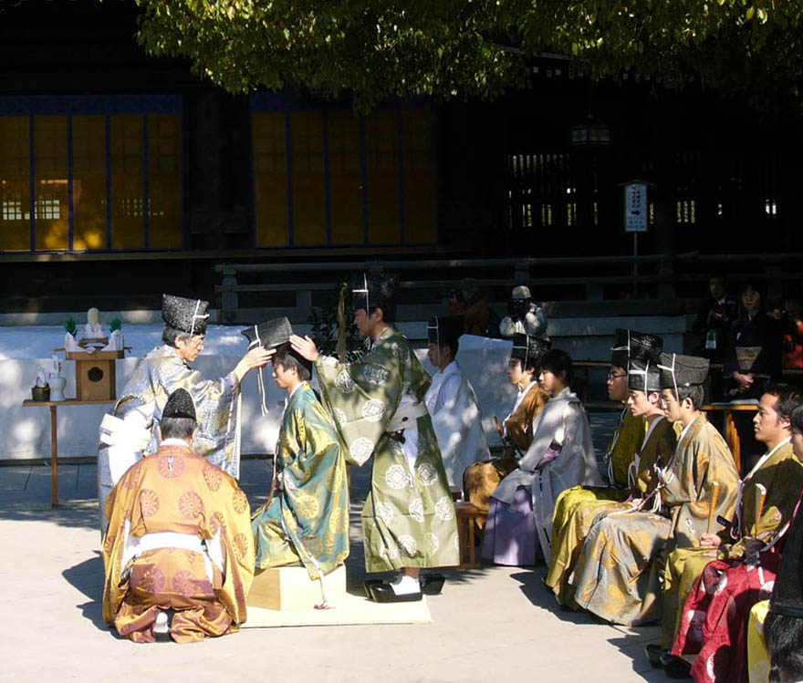 Young men in traditional dress at ceremony on Coming-of-age Day at the Meiji Shrine