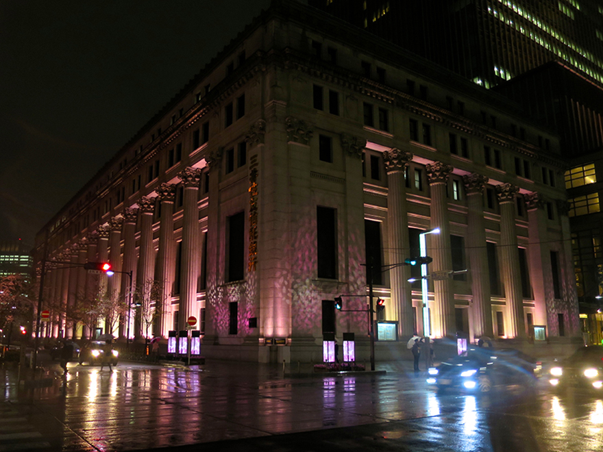 Bank lit up in pink for cherry blossom season