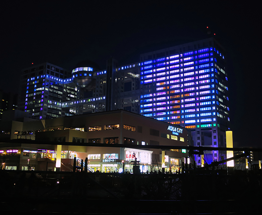 Fuji TV building with animated light show for cherry blossom season