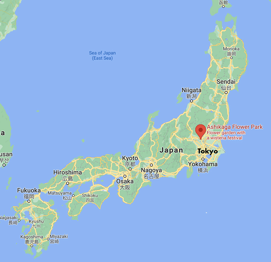 Map showing Ashikaga Flower Park in Japan