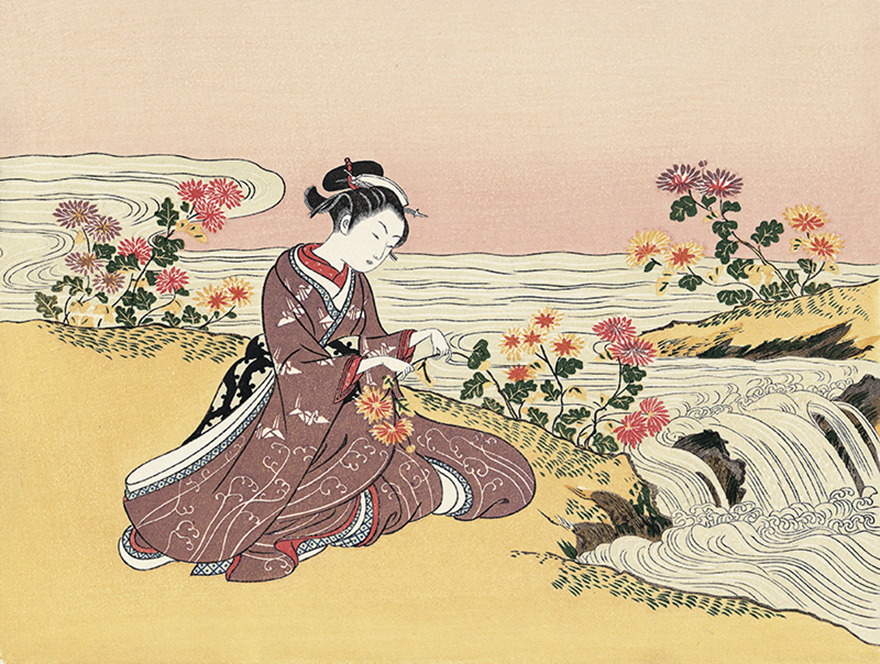 Woodblock print of a girl with chrysanthemums by Suzuki Harunobu