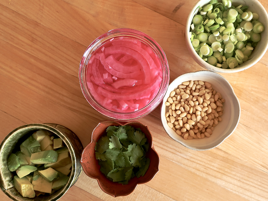 Ingredients for green salad with pickled onions, pine nuts and Japanese wafu onion dressing