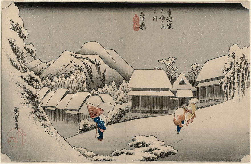Woodblock print of a snowy village by Hiroshige Utagawa
