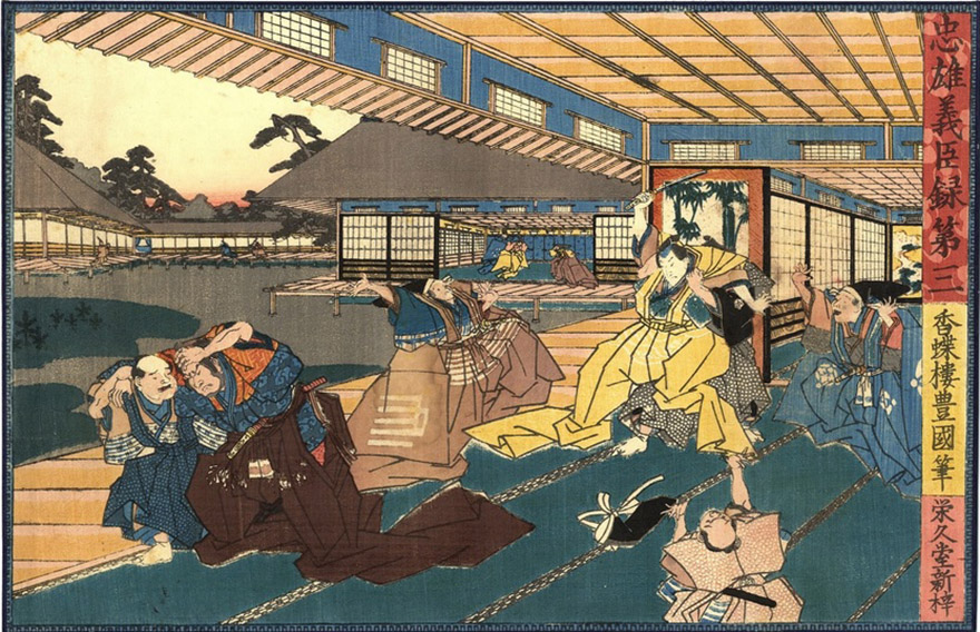 Woodblock print showing Lord Asano attacking Lord Kira