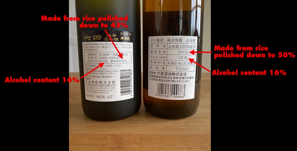 Sake bottle back labels with alcohol content and amount of rice polishing called out