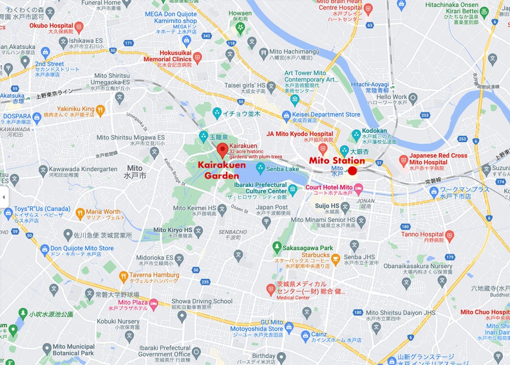 Local map showing location of Kairakuen garden in Mito Japan