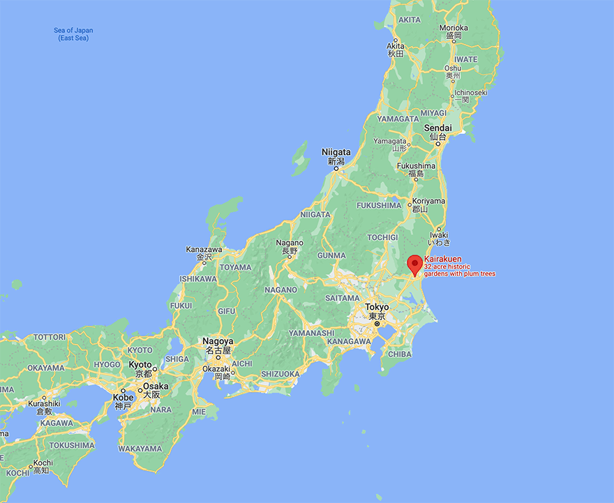 Map showing location of Kairakuen garden in Mito Japan