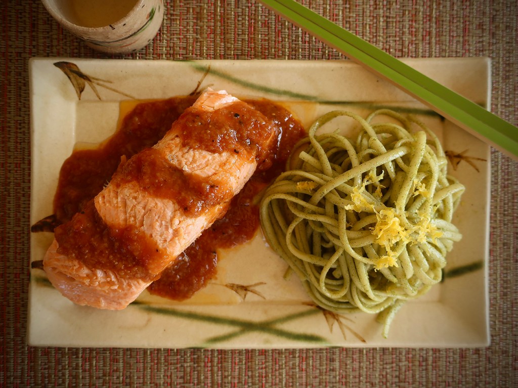 Mint-Cilantro Udon with Fresh Ginger and Meyer Lemon and Hamachi Tataki with Tomato-Ginger Sauce from The Brakaway Japanese Kitchen by Eric Gower