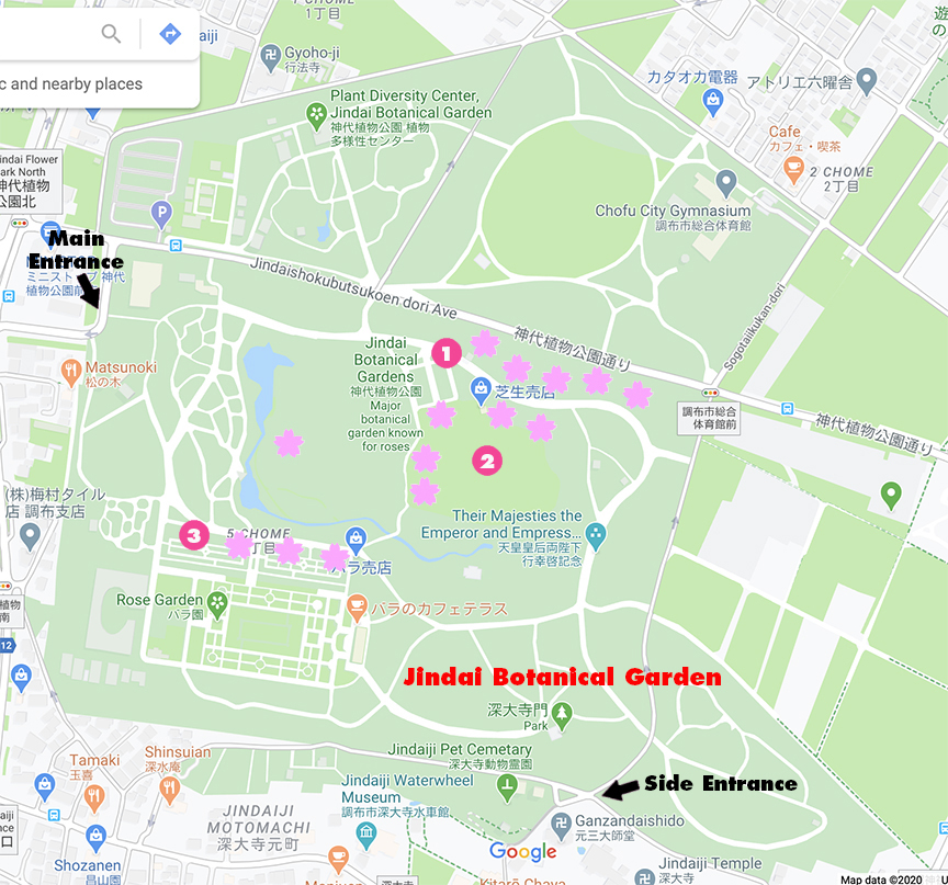 Map of where to see cherry blossoms in Chofu