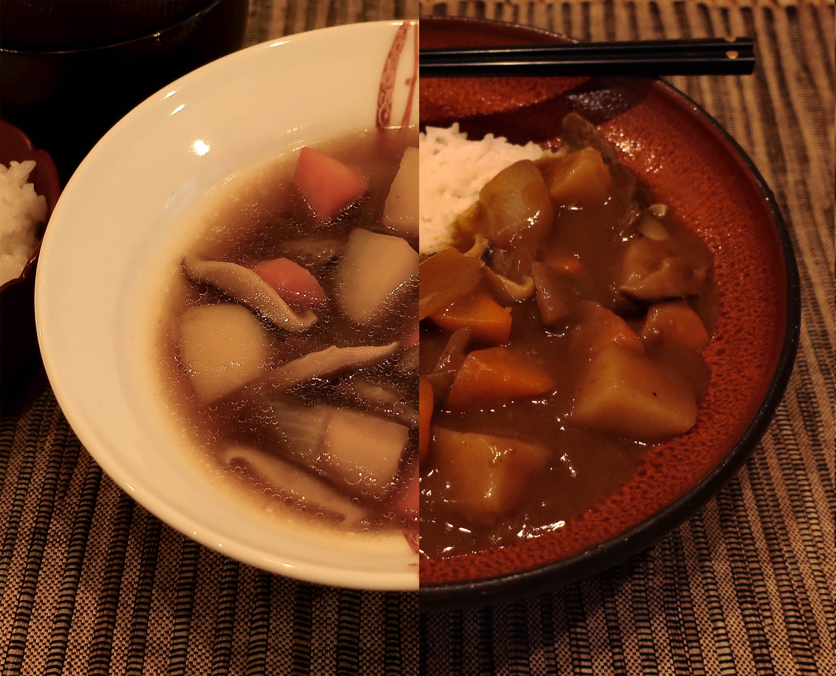 Half of photo is niku-jaga in a bowl and other half is curry rice made with niku-jaga leftorvers