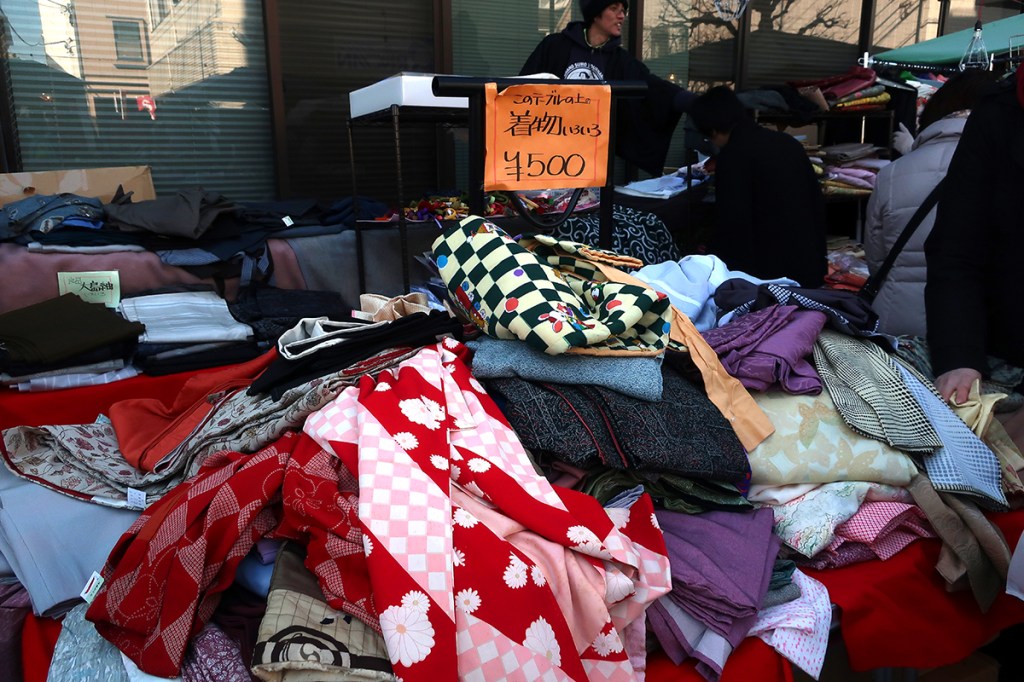 Five hundred yen kimonos for sale at the Setagaya Boroichi flea market
