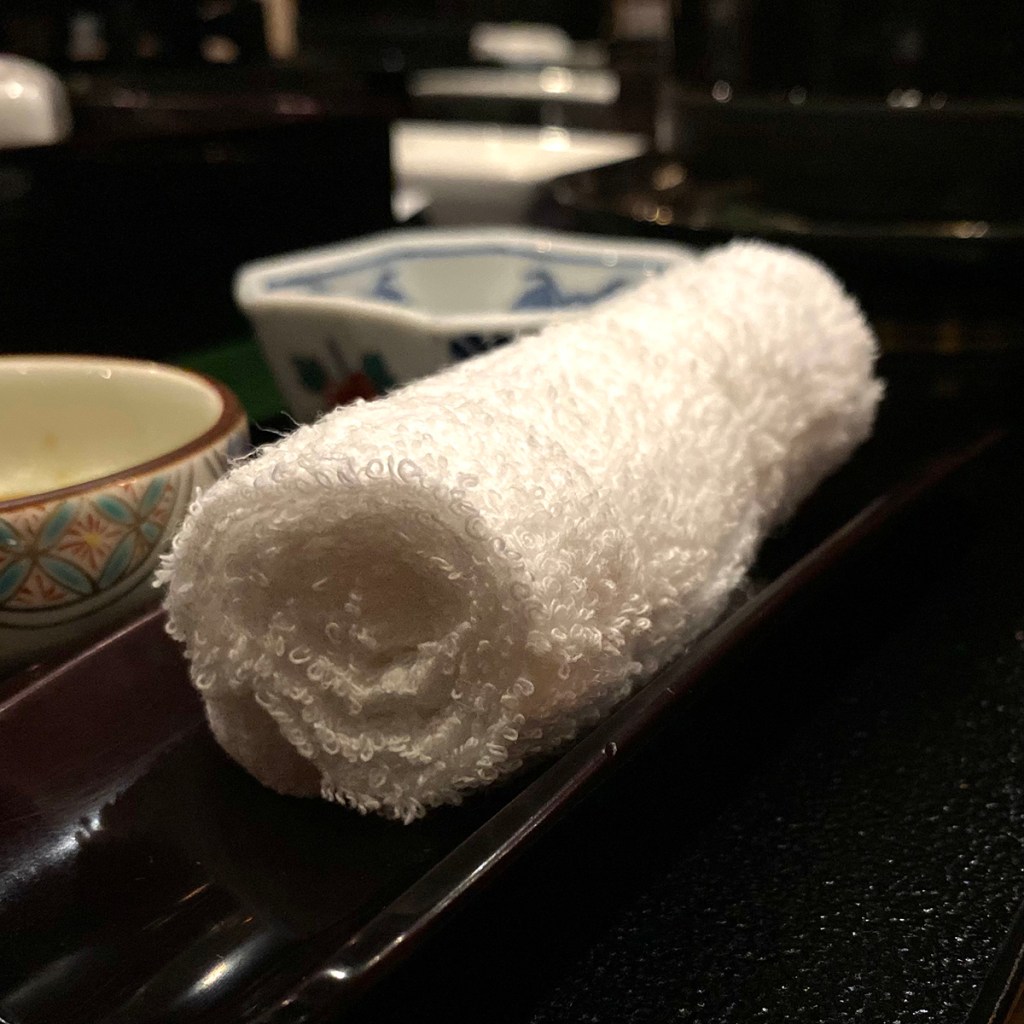 O-shibori hand towel at a Japanese restaurant